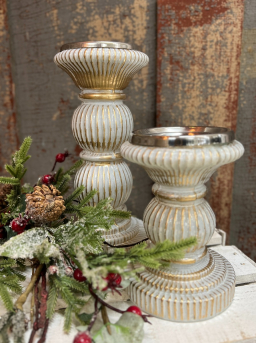 Small White and Gold Glass Candle Holder 4.5x6in